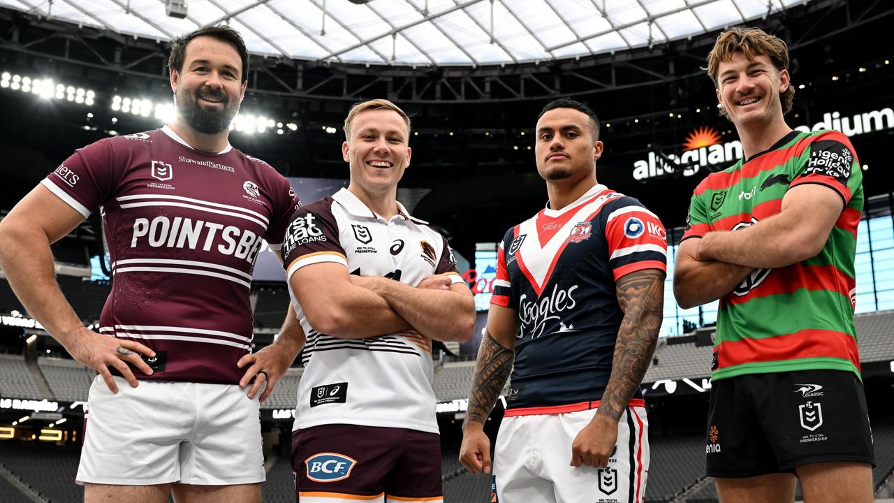 NRL players Aaron Woods, Billy Walters, Spencer Leniu and Campbell Graham attend the National Rugby League Vegas Promo Tour at Allegiant Stadium in 12 December 2023 December Las Vegas, Nevada. Allegiant Stadium will being hosting a series of NRL matches in March 2024. Photo: Grant Trouville