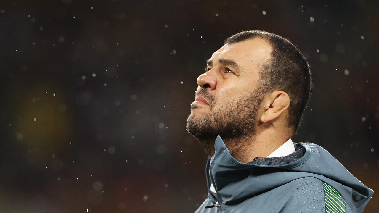 Michael Cheika, Head Coach of Australia looks on prior to the Rugby World Cup 2019 Group D game between Australia and Georgia