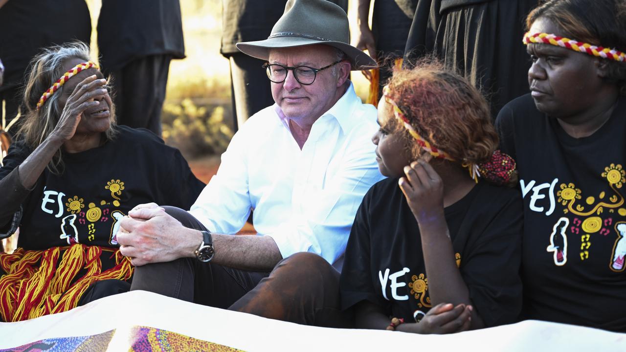 Prime Minister Anthony Albanese visiting Uluru ahead of the 2023 Voice to Parliament Australian referendum. Picture: NCA NewsWire / Martin Ollman