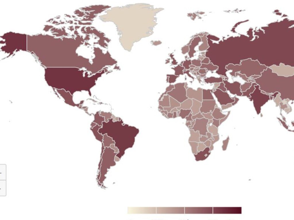 A world map showing the countries worst impacted by coronavirus. Picture: Worldometers