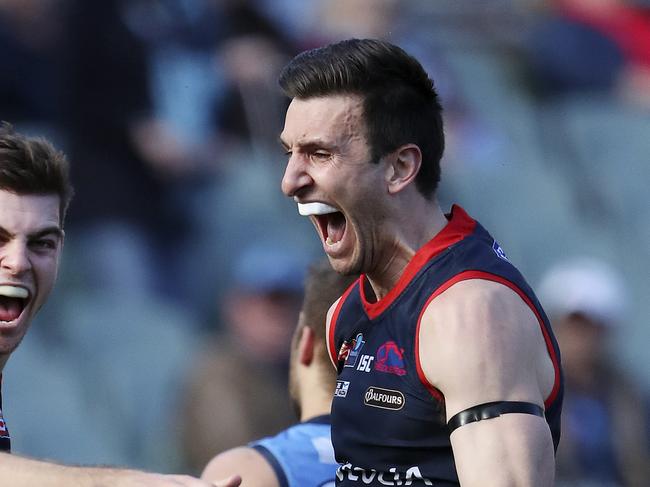 SANFL - ELIMINATION FINAL - Sturt v Norwood at Adelaide Oval. Declan Hamilton celebrates his goal with Matthew Panos and the incoming Matthew Nunn Picture SARAH REED