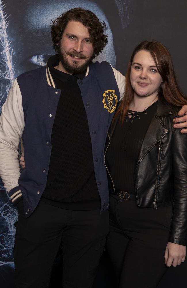 Ben Jones and Brie Kaye at the premiere of the film Mortal Kombat at the Jam Factory in South Yarra. Picture: Fiona Hamilton Photography