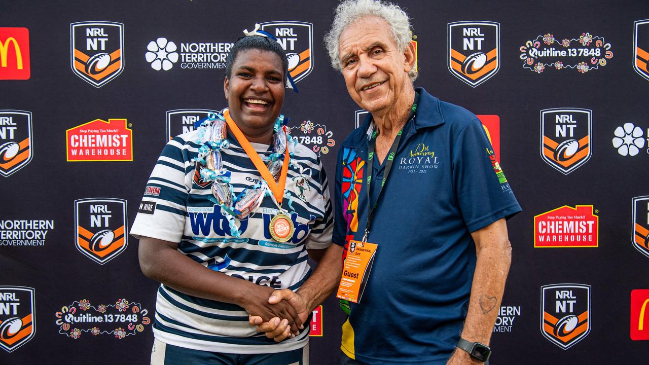 Ellie Niki and Charlie King as the Darwin Brothers celebrate winning the 2023 NRL NT grand final. Picture: Pema Tamang Pakhrin