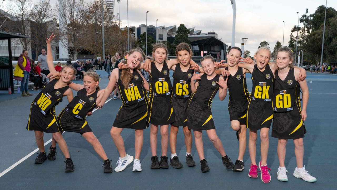 Torquay Stewart under-11 netball team pull their funniest faces.