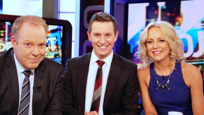 Pete Helliar with Rove McManus and Carrie Bickmore on The Project set. Picture: Ten