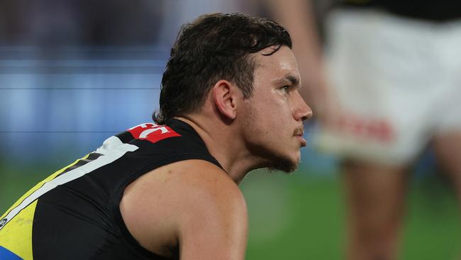 MELBOURNE, AUSTRALIA - AUGUST 03: Daniel Rioli of the Tigers looks dejected after the round 21 AFL match between North Melbourne Kangaroos and Richmond Tigers at Marvel Stadium, on August 03, 2024, in Melbourne, Australia. (Photo by Daniel Pockett/Getty Images)