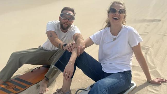 Teresa Palmer and hisband Mark Webber sandboarding in Port Lincoln National Park. Picture: Supplied.