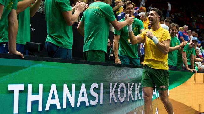 Thanasi Kokkinakis of Australia celebrates. Photo by Angel Martinez/Getty Images for ITF.