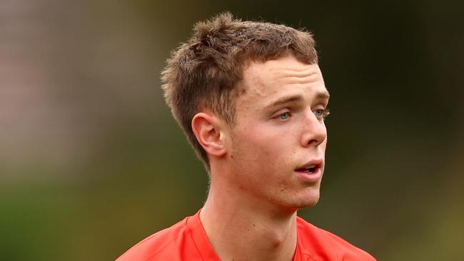 MELBOURNE, AUSTRALIA - APRIL 27: Thomas Burton of the AFL National Academy warms up ahead of the Marsh AFL National Academy Boys match between Australia U18 and Coburg VFL at Whitten Oval on April 27, 2025 in Melbourne, Australia. (Photo by Josh Chadwick/AFL Photos/via Getty Images)