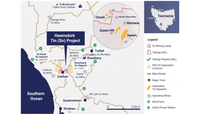 Location of Stellar’s tin projects on the West Coast of Tasmania and proximity to wind and hydro power stations. Picture: Stellar