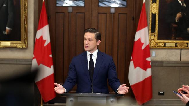 Conservative Party of Canada leader Pierre Poilievre speaks during a news conference in Ottawa. Picture: AFP