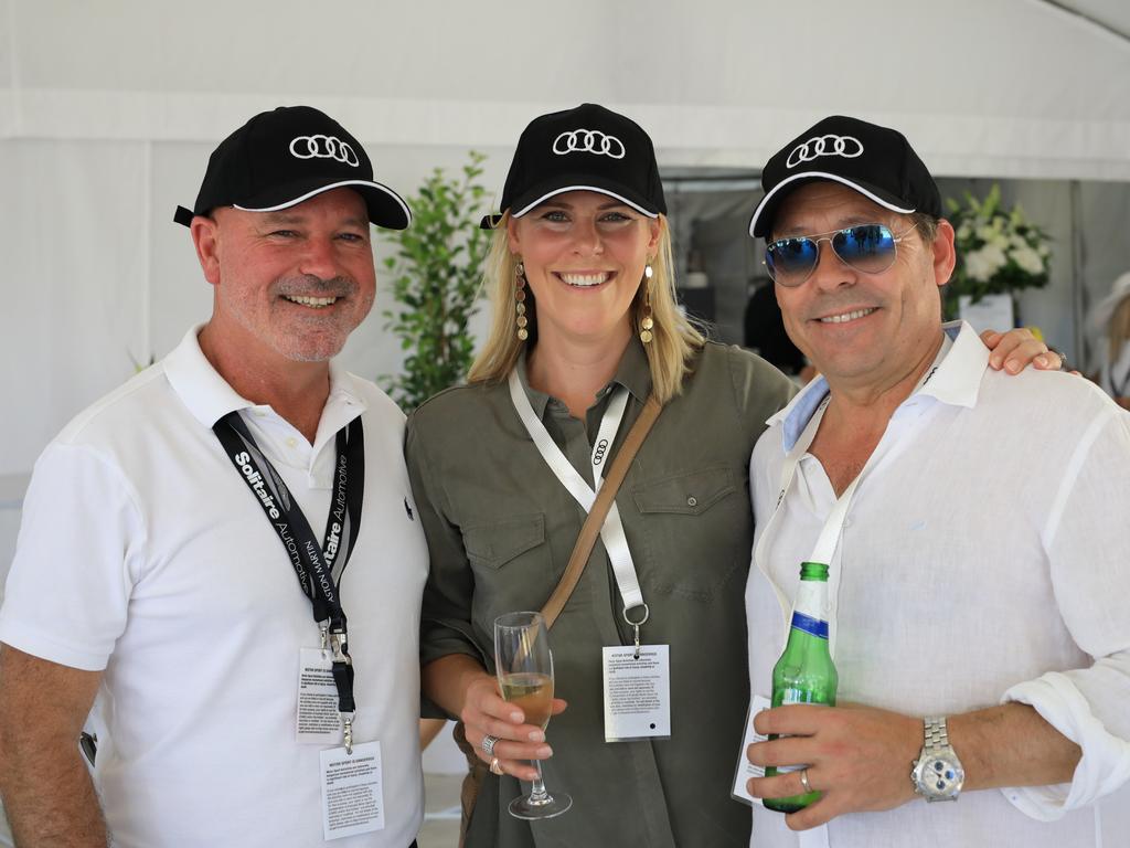 David Smoker, Jane Edwardson and David Edwardson were among the VIP Audi Solitaire customers who viewed the Adelaide Motorsport Festival track side. Picture: Kane Overall