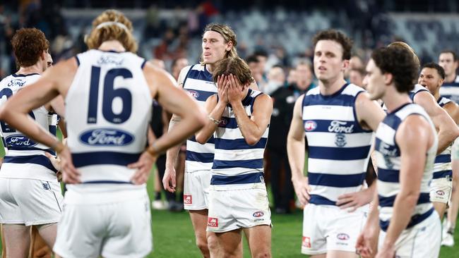 Geelong players after the loss to Port Adelaide. Picture: Michael Willson/AFL Photos via Getty Images