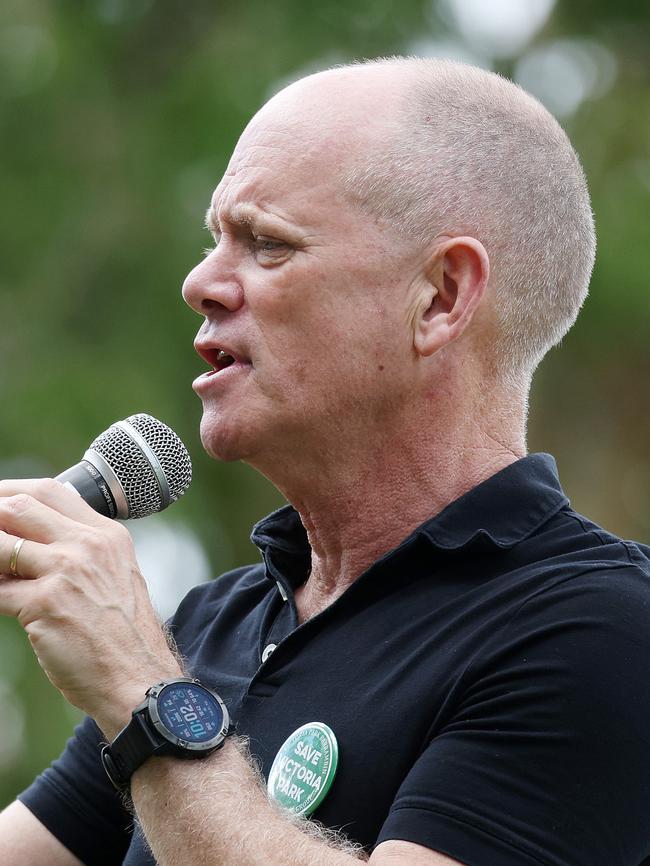 Former Queensland premier Campbell Newman addresses a protest rally against the stadium in Victoria Park. Picture: Liam Kidston