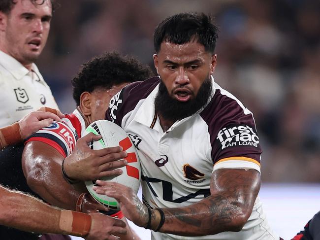 SYDNEY, AUSTRALIA - MARCH 06: PayneÃÂ Haas of the Broncos is tackled during the round one NRL match between Sydney Roosters and Brisbane Broncos at Allianz Stadium, on March 06, 2025, in Sydney, Australia. (Photo by Matt King/Getty Images)