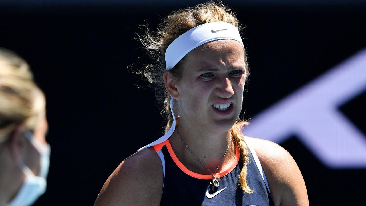 Victoria Azarenka wasn’t happy with a seemingly simple question after her shock first round Australian Open loss. (Photo by Paul CROCK / AFP)