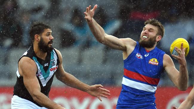 Patrick Ryder, in his return from injury, had a good tussle with former teammate Jackson Trengove. Picture: AAP Image/Julian Smith