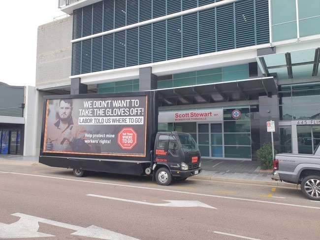 Glenden campaign mobile billboard outside Mines Minister Scott Stewart's Townsville office. Picture: Supplied