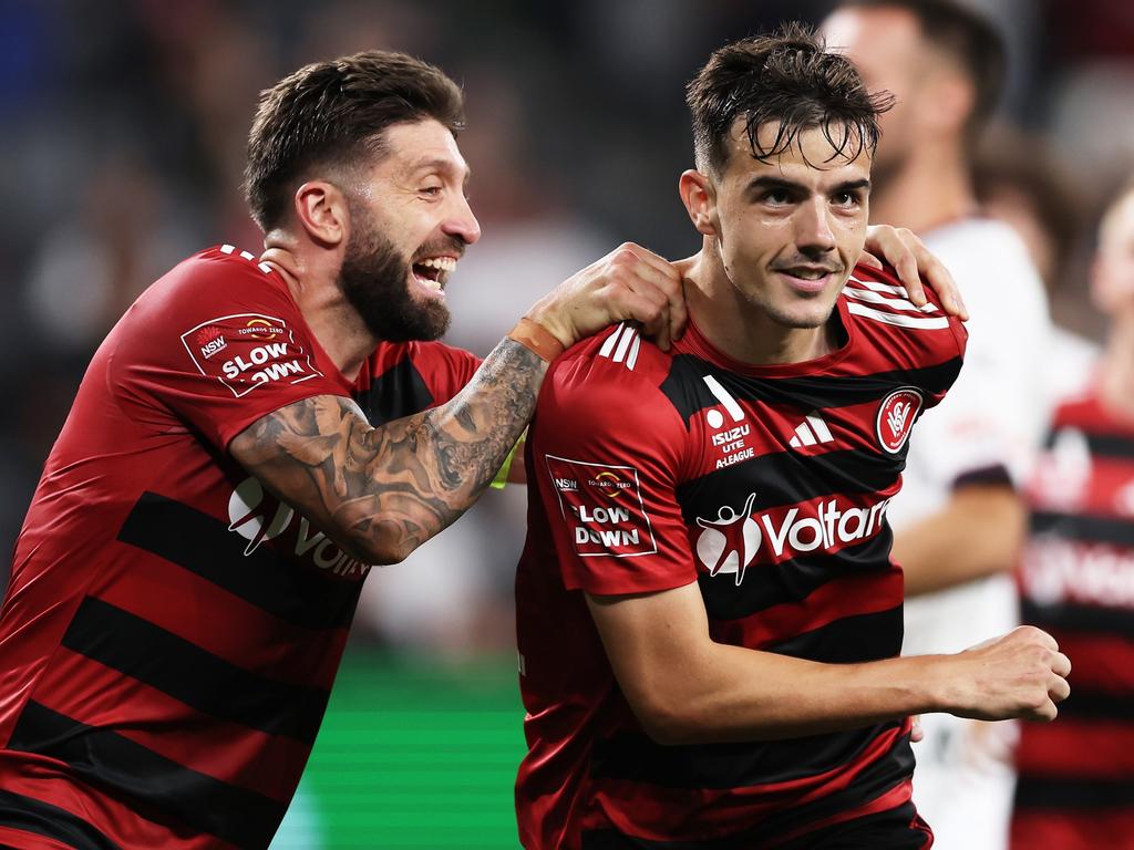 Brandon Borrello (left) and Nicolas Milanovic celebrate after a goal. Picture: Matt King/Getty Images