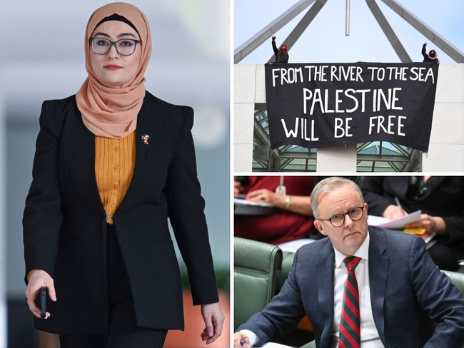 Clockwise from main: Senator Fatima Payman in Canberra on Thursday; protesters scale Parliament House; Anthony Albanese in question time. Picture: Martin Ollman/NCA NewsWire