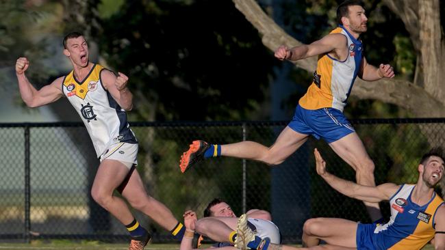 NFNL: Joel Naylor celebrates a goal for Hurstbridge. Picture: Andy Brownbill