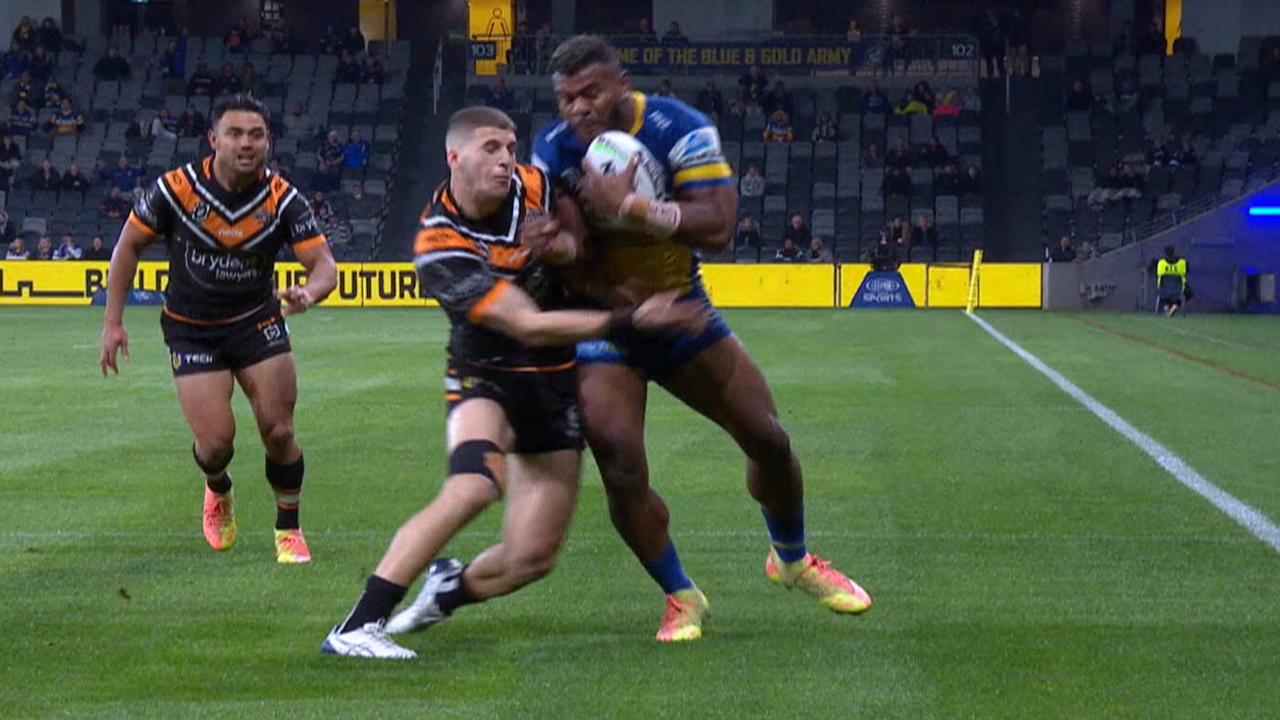 Adam Doueihi’s shoulder charge on Maika Sivo.