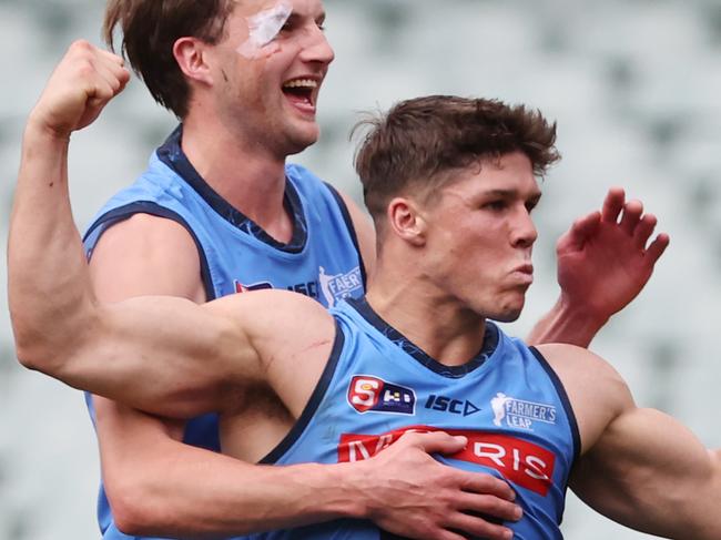 Tom Lewis from Sturt (R) celebrates a goal during the Preliminary Final SANFL match between Sturt and Adelaide at Adelaide Oval in Adelaide, Sunday, September 17, 2023. (SANFL Image/David Mariuz)