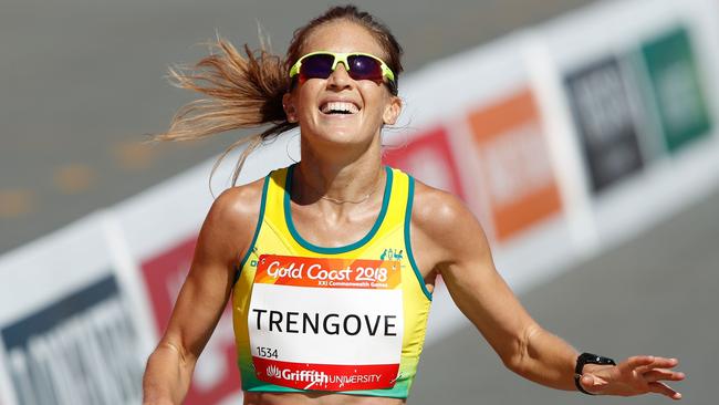 Australia's Jessica Trengove reacts as she runs towards the finish line of the athletics women's marathon final during the 2018 Gold Coast Commonwealth Games. Picture: Adrian Dennis