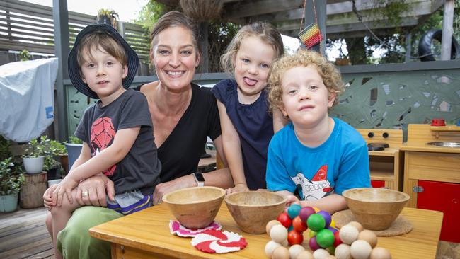 Fitzroy North Childcare Co-op is setting a high standard. Director Alison Bradshaw is with Lukas, Odessa and Arlo. Picture: Wayne Taylor