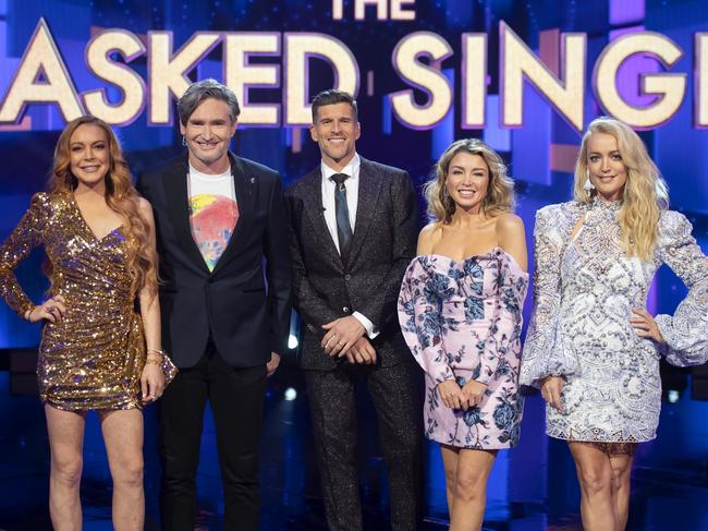 The Masked Singer’s Lindsay Lohan, Dave Hughes, Osher Günsberg, Dannii Minogue and Jackie O. Picture: Supplied