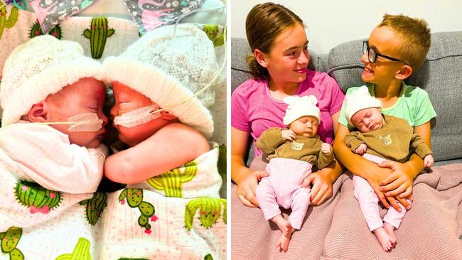 Beautiful girls Lily and Lucy were kept in hospital for the first 125 days after lifesaving surgery but have now been allowed to go home for Christmas with their family and big sister Billie and brother Cooper. Pictures: Contributed