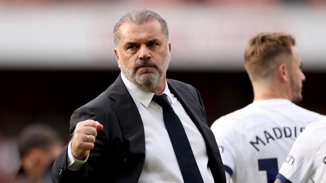 LONDON, ENGLAND - SEPTEMBER 24: Ange Postecoglou, Manager of Tottenham Hotspur, acknowledges the fans after the Premier League match between Arsenal FC and Tottenham Hotspur at Emirates Stadium on September 24, 2023 in London, England. (Photo by Ryan Pierse/Getty Images)