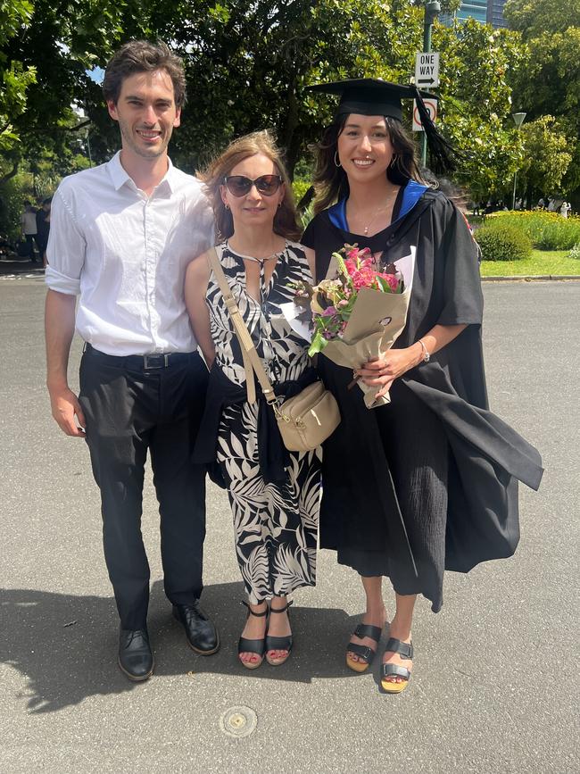 Nelson Ottem, Claire Tan and Olivia Tan (Master of Journalism) at the University of Melbourne graduations held at the Royal Exhibition Building on Monday, December 16, 2024. Picture: Jack Colantuono