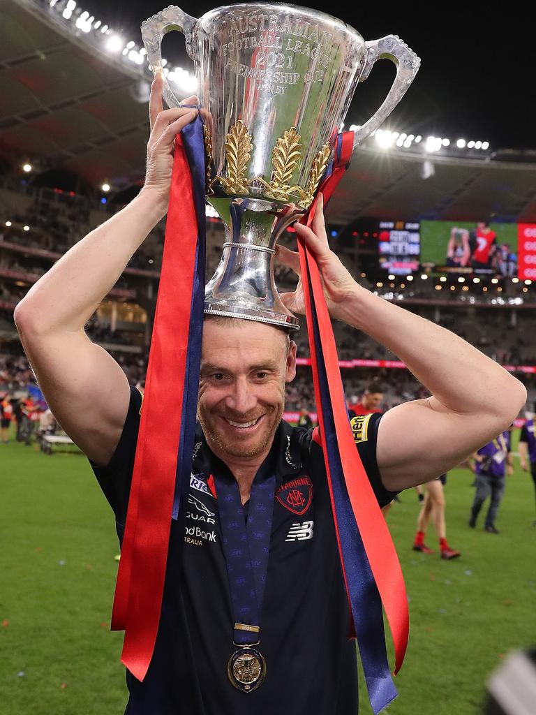 Simon Goodwin with the spoils of the ultimate victory. Picture: AFL Photos/Getty Images