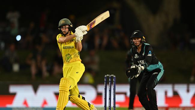 Ellyse Perry of Australia plays a shot during the ICC Women's T20 World Cup group A match between Australia and New Zealand at Boland Park on February 11, 2023 in Paarl, South Africa. (Photo by Mike Hewitt/Getty Images)