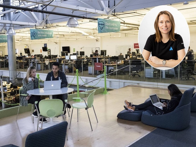 Combo pic of Atlassian San Fran office and Annie Dean