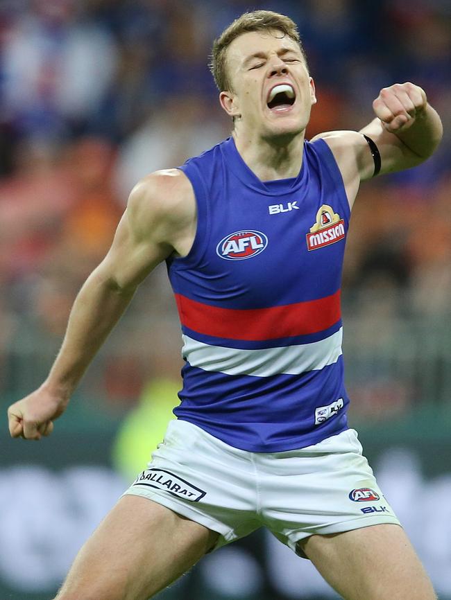 Jack Macrae celebrates his match-winning goal. Picture: Michael Klein