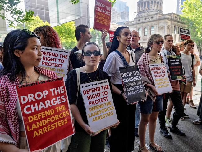 MELBOURNE, AUSTRALIA - NewsWire Photos - January 21, 2025: Protestors outside Melbourne Magistrates Court before pleas for Land Force protesters. Picture: NewsWire / David Geraghty