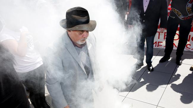 The Darug elders and several Hills Shire councillors holding a smoking ceremony to protest the council shooting down attempts to include an Acknowledgement of country in the council meetings. Darug elders and Hills Shire councillors