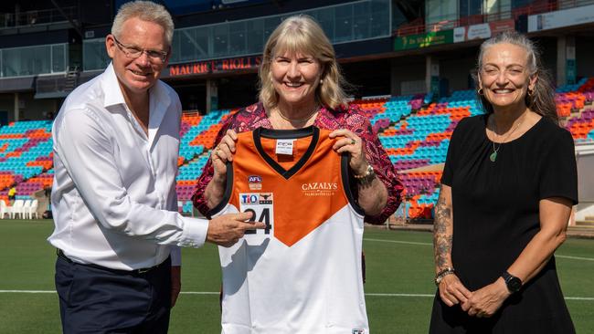 Sean Bowden, Chief Minister Eva Lawler and Minister Kate Worden at the announcement as Northern Territory task force has completed a business case into the viability of a AFL team in the NT. Picture: Pema Tamang Pakhrin