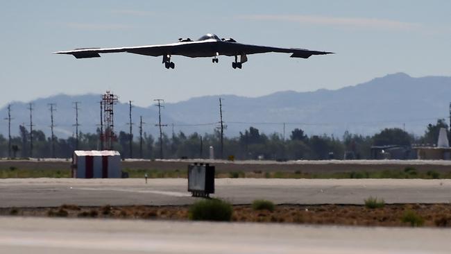 A B-2 stealth bomber comes in for landing at Palmdale, California. Picture: AFP