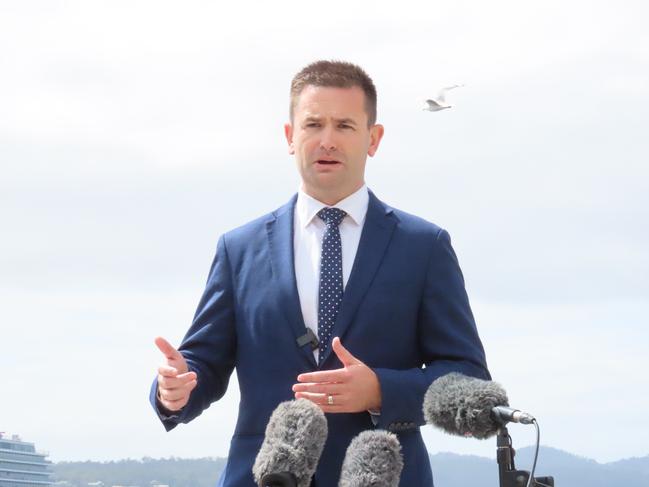 Labor leader MP Dean Winter speaks to the media on the Hobart waterfront on Thursday, March 6, 2025.