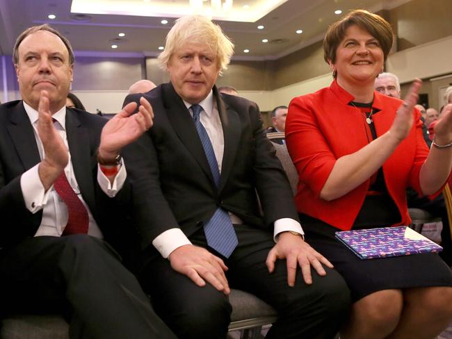 L-R: Nigel Dodds, Boris Johnson and leader of the DUP Arlene Foster. The fate of Johnson's Brexit agreement rests with Ms. Foster, a Northern Irish ultraconservative. Picture: AFP