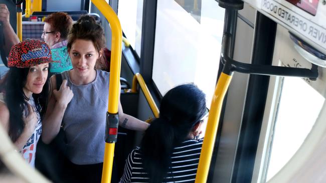 Passengers Sasha St George and Lillian Opitz ride the 150 bus to Osborne, one of the routes flagged to be cut. Picture: Tait Schmaal