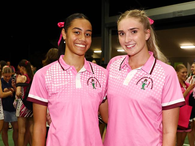 Leps players and Under 17 Australian representatives Ciarn MacBride and Charlotte Jonsen both played outstanding games, despite being in the losing team in the Cairns Netball Division 1 grand final match between the WGC Sharks and the Cairns Leprechauns. Picture: Brendan Radke