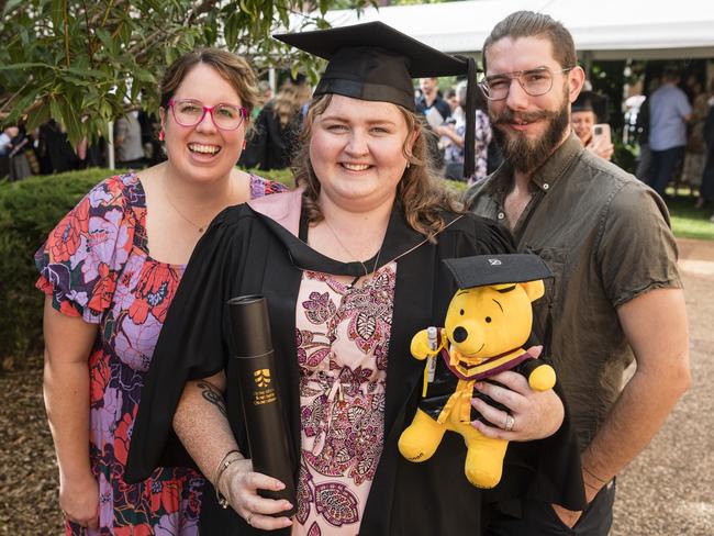 Bachelor of Education graduate Shannon Blackley with Michelle Flint and Josh Blackley at a UniSQ graduation ceremony at Empire Theatres, Tuesday, February 13, 2024. Picture: Kevin Farmer