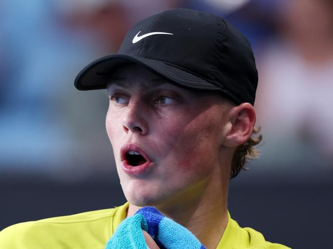 MELBOURNE, AUSTRALIA - JANUARY 18: Cruz Hewitt of Australia reacts against MooBeen Kim of South Korea in the Junior Boy's Singles First Round match during day seven of the 2025 Australian Open at Melbourne Park on January 18, 2025 in Melbourne, Australia. (Photo by Daniel Pockett/Getty Images)