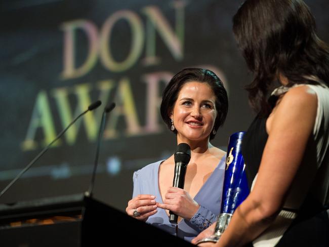 Michelle Payne is interviewed after winning The Don Award at the Australian Hall of Fame awards ceremony on Thursday night.