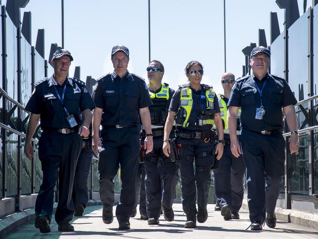 Police officers led by Inspector Gerard de Vries, inspector Daniel Bayness and Superintendent Tony Glenane in Ringwood, Wednesday, Oct. 23, 2019. A new Proactive Police Unit has been established. Picture: Andy Brownbill)