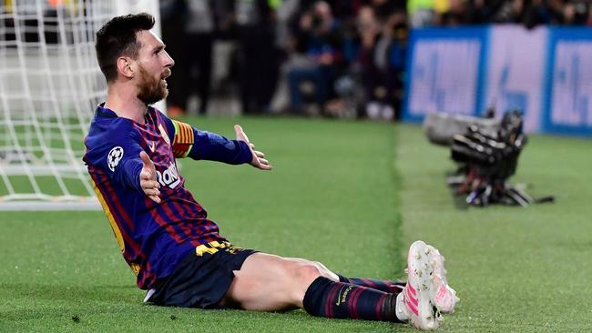Barcelona’s Argentinian forward Lionel Messi celebrates after scoring his team’s third goal during the UEFA Champions League semi-final first leg football match against Liverpool at the Camp Nou Stadium in Barcelona. Picture: AFP